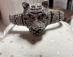 Vintage Rhinestone Tiger Cuff Clamp Bracelet Leopard Crystal