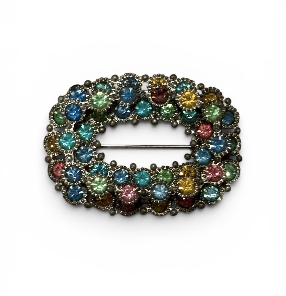 VTG Pot Metal Multi Color Rhinestone Brooch Pin Oval Fruit Salad UV Glow Glass