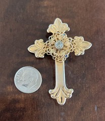 Cross Brooch Jane Davis Signed 1998 AOL Angels of Love Gold Tone w/Rhinestone’s