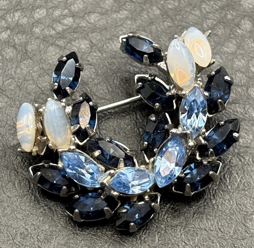 Vintage Two Tone Blue Crystal and Faux Opalite Rhinestone Wreath Brooch