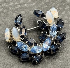 Vintage Two Tone Blue Crystal and Faux Opalite Rhinestone Wreath Brooch
