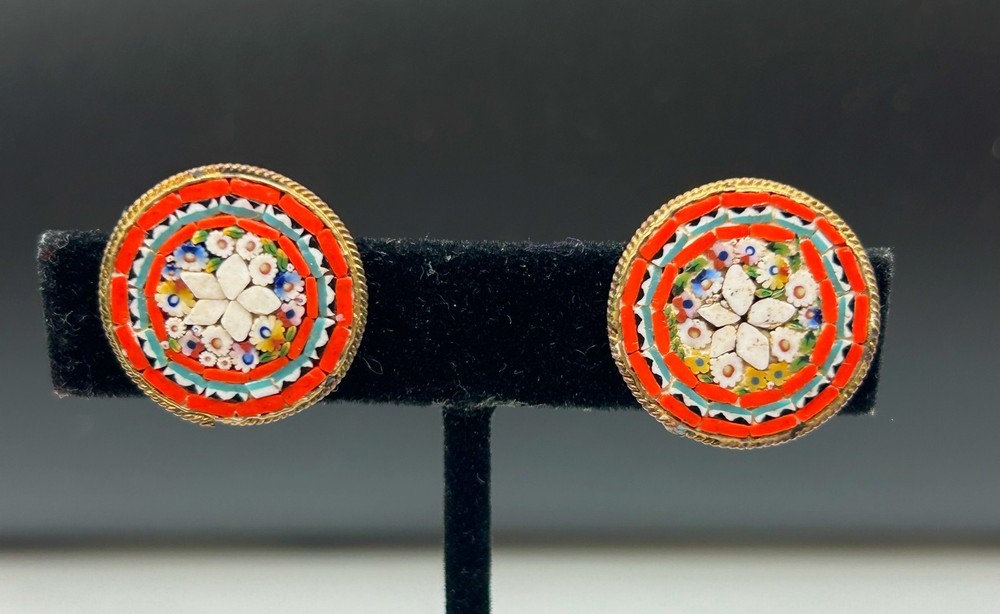 VINTAGE MICRO MOSIAC CLIP ON EARRINGS – REDS, BLUE WHITE – MADE IN ITALY