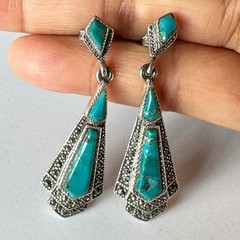 Vintage 925 Sterling Silver Marcasite Mixed Blue Turquoise Earrings Drop 4.5 cm