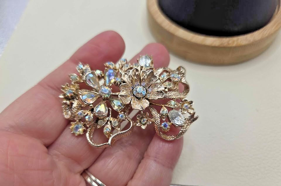 Vintage Gold-Tone Floral Bouquet Brooch with Aurora Borealis Rhinestones