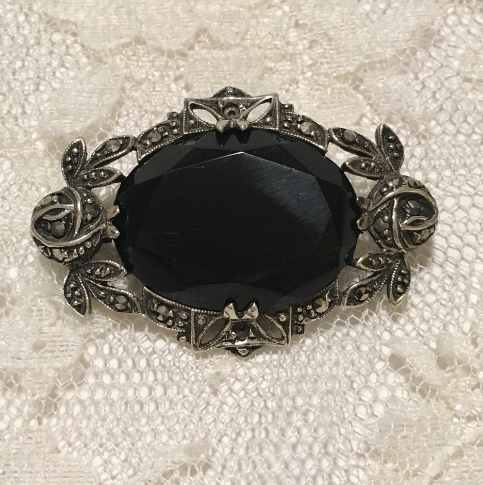 Vintage Sterling Silver Black Onyx Brooch Victorian Revival Romantic Germany