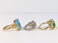 Vtg Victorian Revival Ring Lot Green Glass Blue Flower Enamel Adjustable