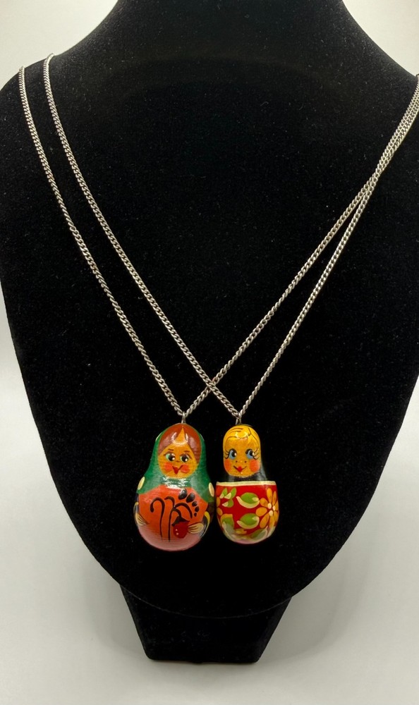 Vintage Hand Painted Wood Russian Nesting Doll Pendants Lot (incl. chains)