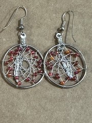 Vtg Costume Silver Tone Dream Catcher Feather Western Dangle Earrings Red Beads