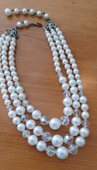 Vintage 3 Strand Necklace Faux Pearls Crystals Marked LAGUNA