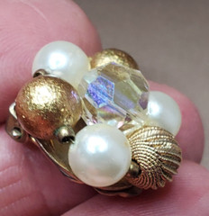 Vintage Lisner Clip On Earrings Gold Tone Pearl Bead Cluster Clear AB Crystal