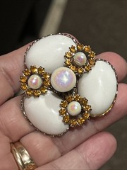 Vintage Milk Glass Opaline Cabs Topaz Large Silver Tone Brooch Pin