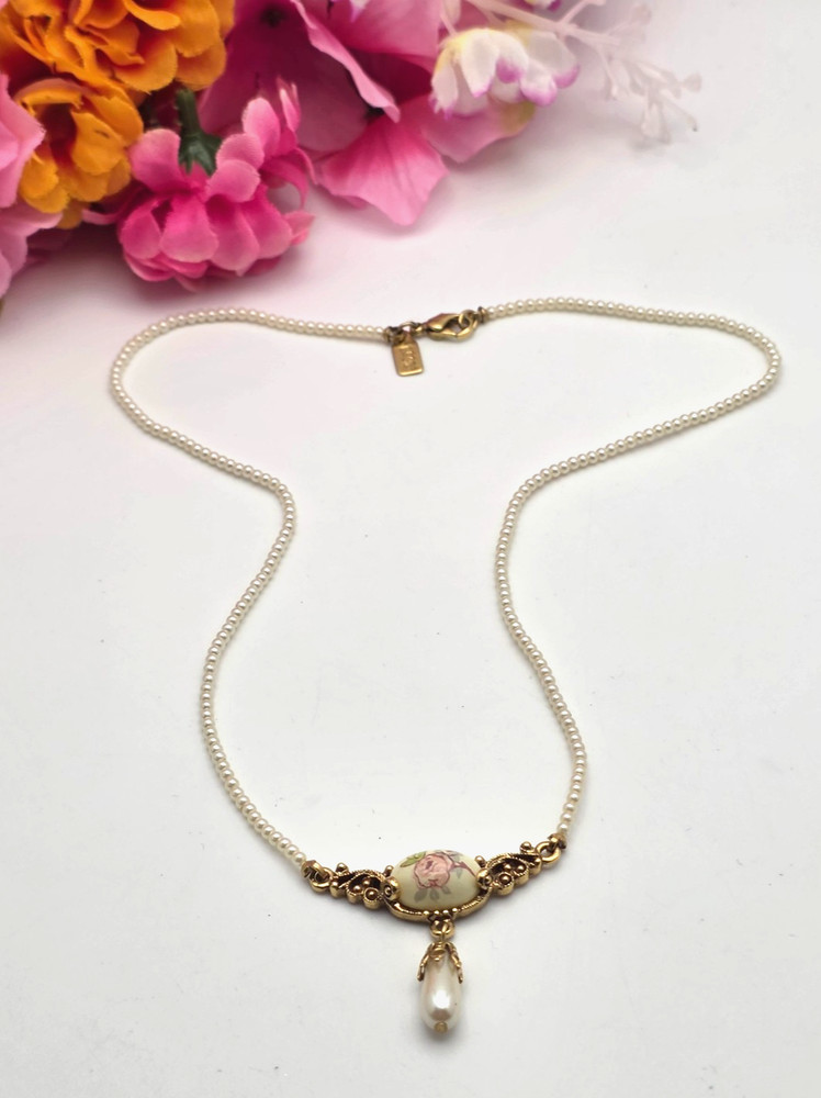 Vintage 1928 Porcelain Rose Faux Pearl Drop Necklace Gold Tone 16 in