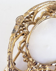 Vintage Victorian Revival Mother of Pearl Ornate Gold Tone Pin 1-9/16″