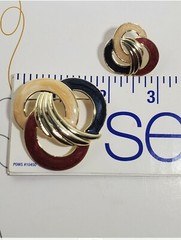 Vintage Estate Pearlescent BROOCH EARRING SET Cream Blue Maroon GoldTone EUC