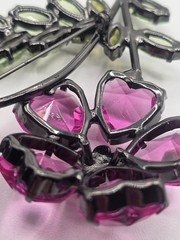 Double Flower Pink And Green Lucite Brooch, Black (Japaned) Colored Metal