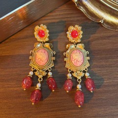 Vintage European Floral Cameo Drop Earrings Gold Plated Rhinestone Pearl Dangle