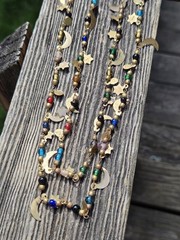 Vintage 70s Starlight Necklace Glass Beaded Celestial Stars Moon Long Brass