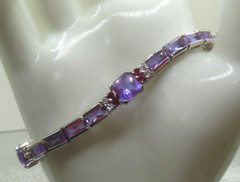 Purple Glass & Pink Topaz Sterling Silver Tennis Bracelet Marked R 7.5″ Long