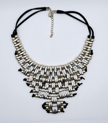 Vintage Silver & Gold Tone Beaded Bib Statement Necklace Gothic Black