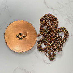 VTG REBAJES Artisan Stunning Signed Copper Oak Leaves Round Pendant & Chain 22″
