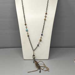 Bohemian Tassel Pendant Necklace Designer Assorted Gemstones Brown Chain 36″