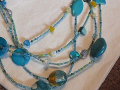 Beautiful Necklace 5 Strand Silver Tone Turquoise Gold Beads 20-23″ Signed NICE