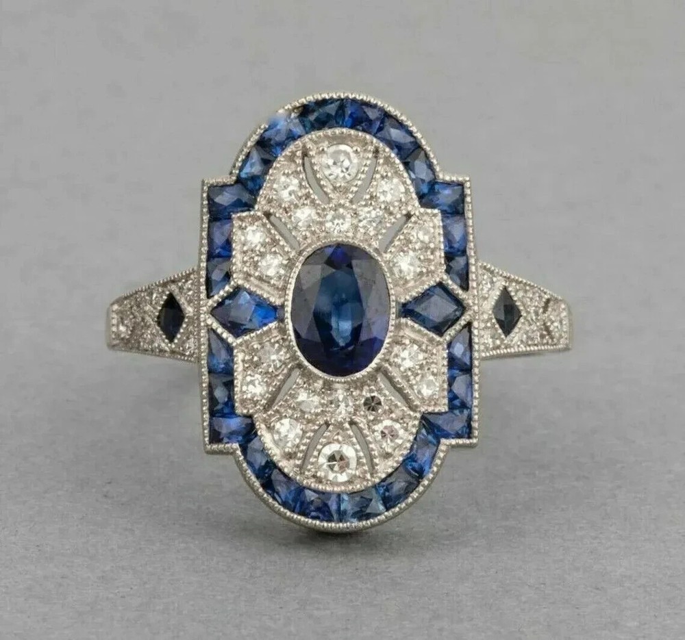 2Ct Art Deco Style Lab Created Diamond & Sapphire Wedding 14K White Gold FN Ring