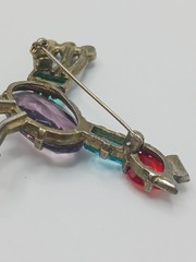 1940s Pot Metal Bird Brooch Rhinestone Figural fruit salad purple glass Vintage