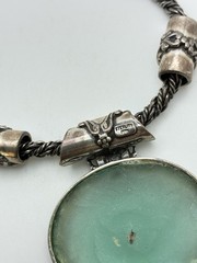 Sterling 935 Roman Glass Sea Green Oval Pendant Rope Chain Silver Necklace VTG