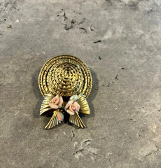 Vintage Straw Garden Hat With Roses & Bow Resin Brooch Pin