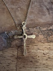Gold Tone Cross Pendant Necklace – Simulated Amethyst Center on 15.5–17.5” Chain