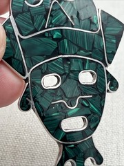 Vintage HOB Mexico 925 Sterling Silver Malachite Pendant Aztec Mayan Face 3.25”