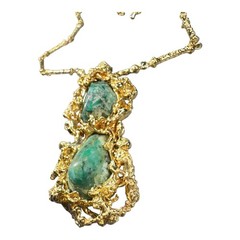 Vintage Brutalist Gold-Tone Necklace Organic Twig Chain w/ Green Stone Pendant