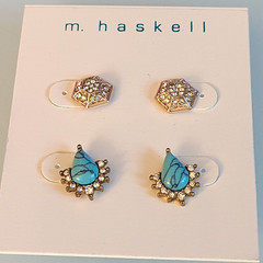 NWT M Haskell Earring Set 2 Pairs Pave Crystal Hexagon & Faux Turquoise Sunburst