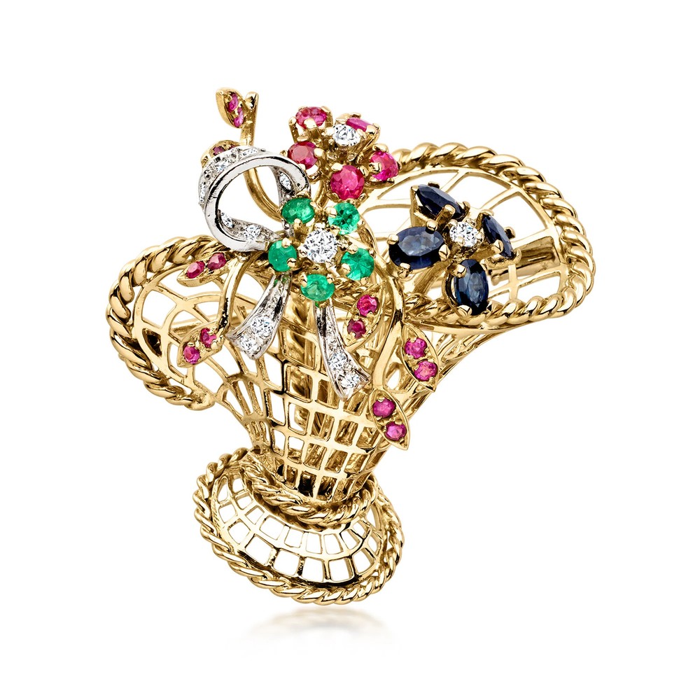 Vint Multi-Gmstn & Diamond Basket Pin in 18k Gold