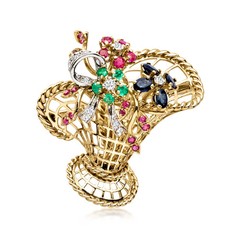 Vint Multi-Gmstn & Diamond Basket Pin in 18k Gold
