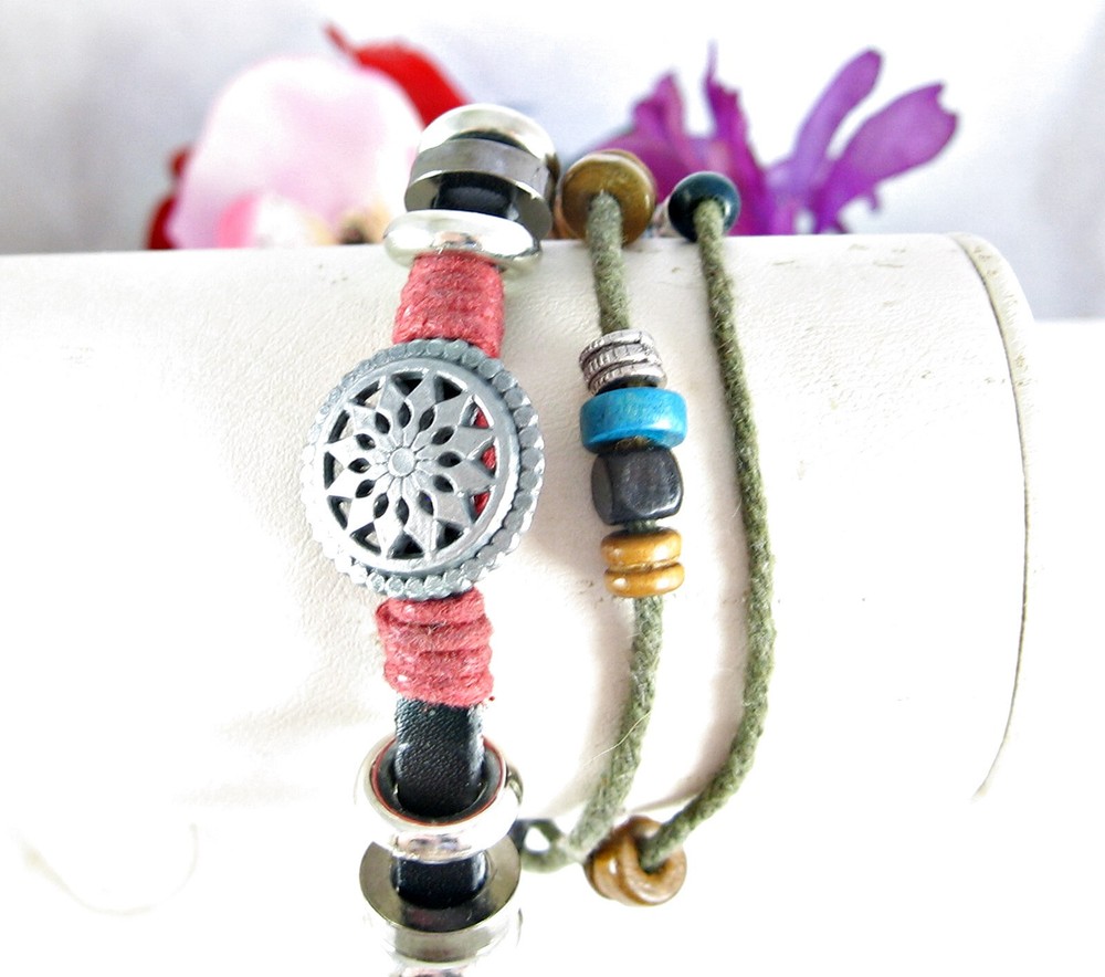 BOHO Wood Beads Silvertone Metal Round STAR Beaded THREE Strands Cording 11″