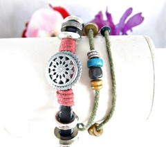 BOHO Wood Beads Silvertone Metal Round STAR Beaded THREE Strands Cording 11″