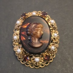 Vintage West Germany Topaz Rhinestone Cameo Filigree Pin Brooch