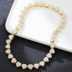 Diamond Tennis Heart Chain & Necklace & Bracelet Cuban Link Jewelry Set f/Women