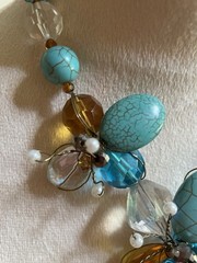 Stunning Unique Faux Turquoise Pearl Amber Beaded Flower Statement Necklace 18″