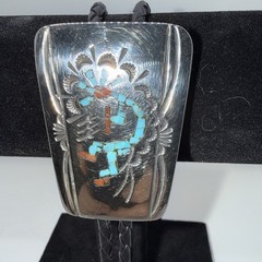 vintage turquoise coral chip inlay sterling silver Bolo Tie Kokopelli figure CH