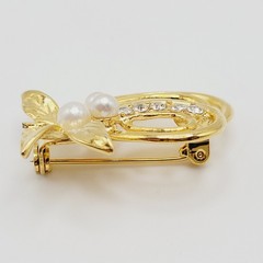 Heart Modernist Abstract Faux Pearl Rhinestone Open Metal Gold Tone Brooch Pin