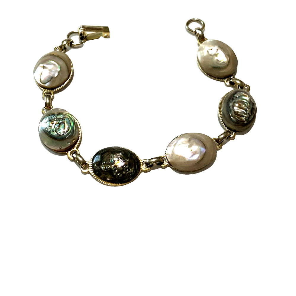 Vintage Silver Tone Abalone Link Bracelet 1970’s Paua Shell Oval Cabochons 7.5″