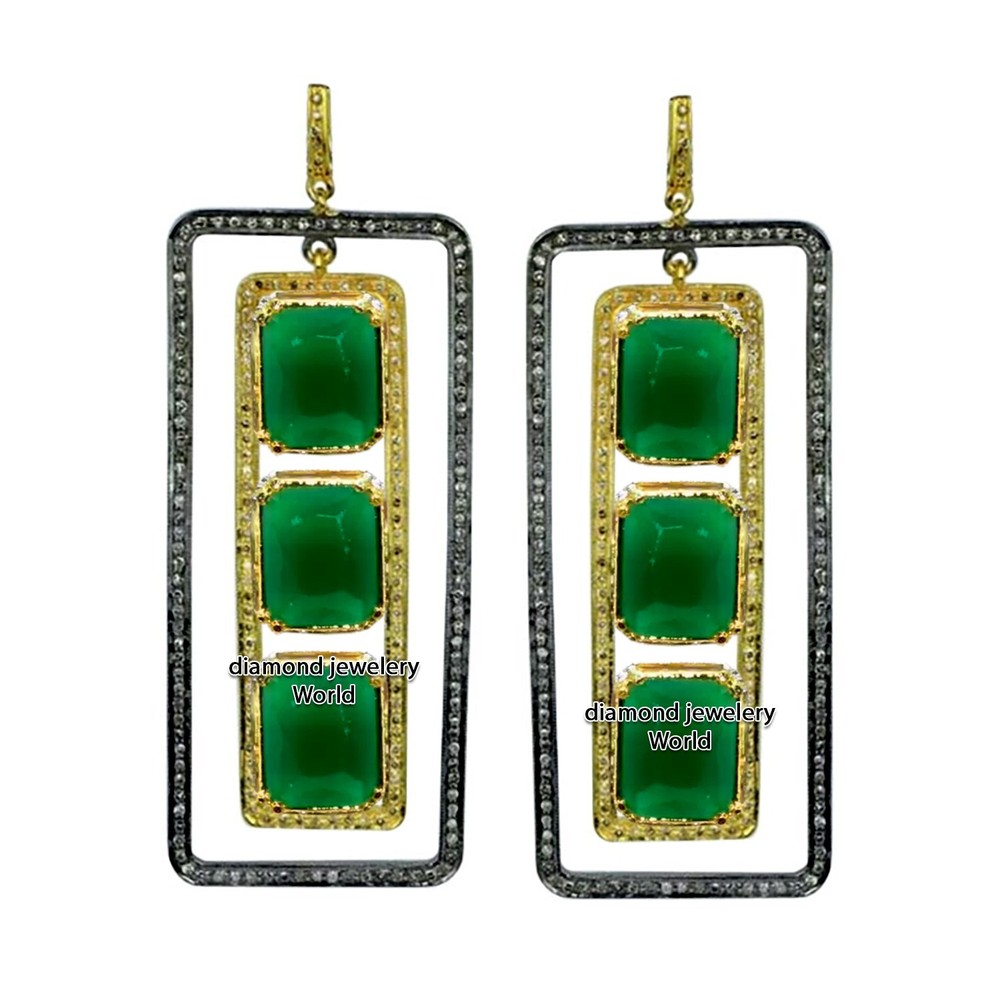 2.66ctw Rose Cut Diamond Emerald Studded Silver Vintage Gorgeous Earring Jewelry