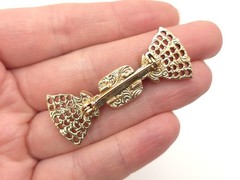 Vintage 1928 Gold Tone Faux Pearl Pink Rhinestone Lattice Lace Bow Brooch Pin
