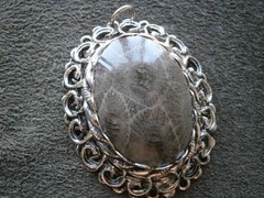 Petoskey Stone Fossil in Ornate Mount Vintage Oval Silvertone Pendant 12.8g