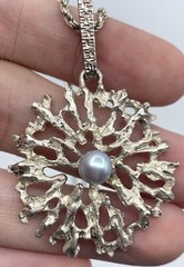 800 Silver Pearl Pendant Modernist Brutalist Naturalistic MCM Vintage Chain