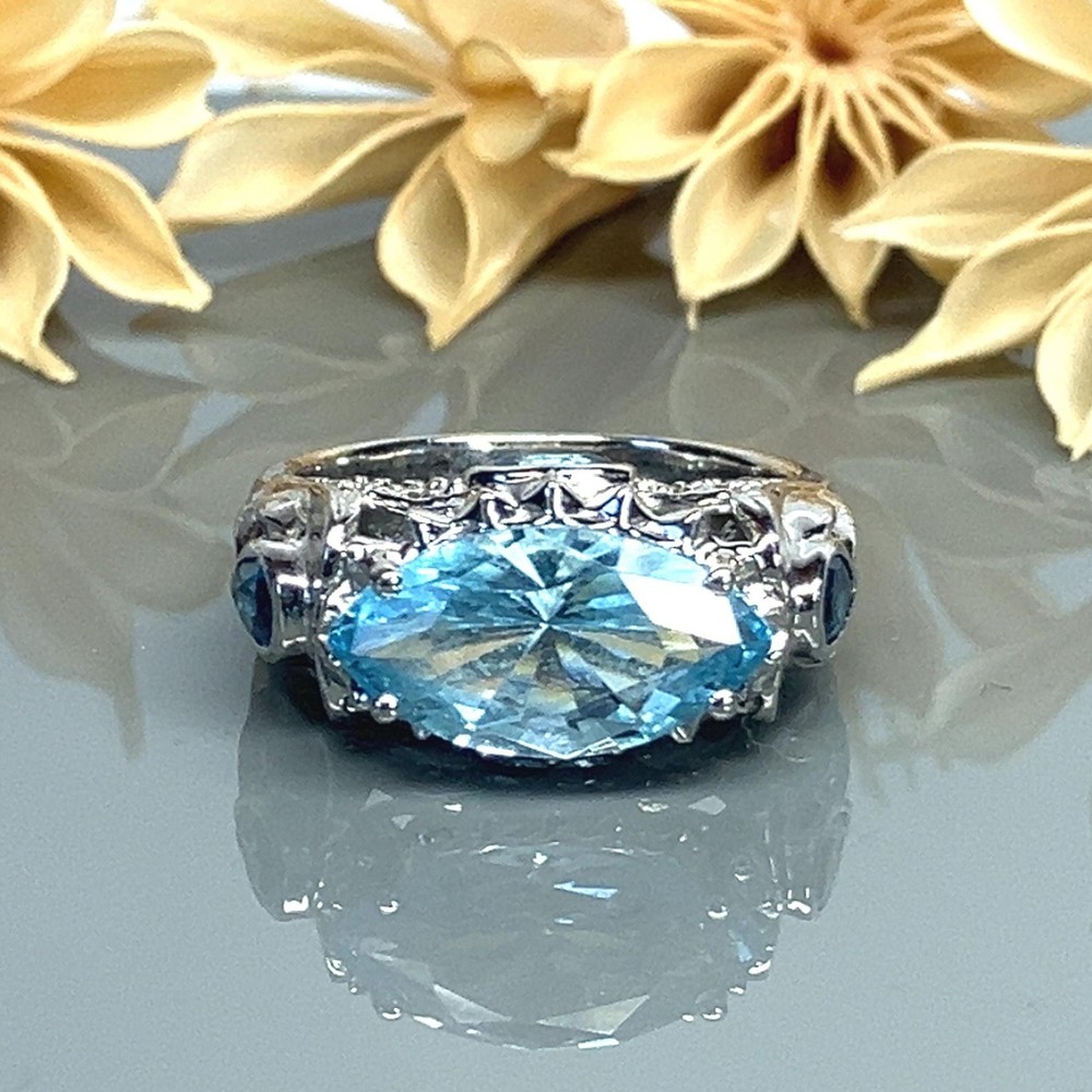 Marquise Sky Blue Topaz, London Blue and White Topaz Sterling Silver Ring-Size 8