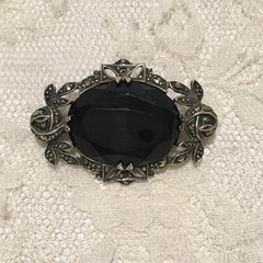 Vintage Sterling Silver Black Onyx Brooch Victorian Revival Romantic Germany